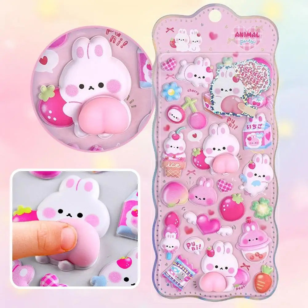 Kawaii Cartoon Soft Cute Little Rabbit 3D Pinching Relaxing Butt Stickers Cute DIY Mobile Book Decoration Stickers Festival Gift