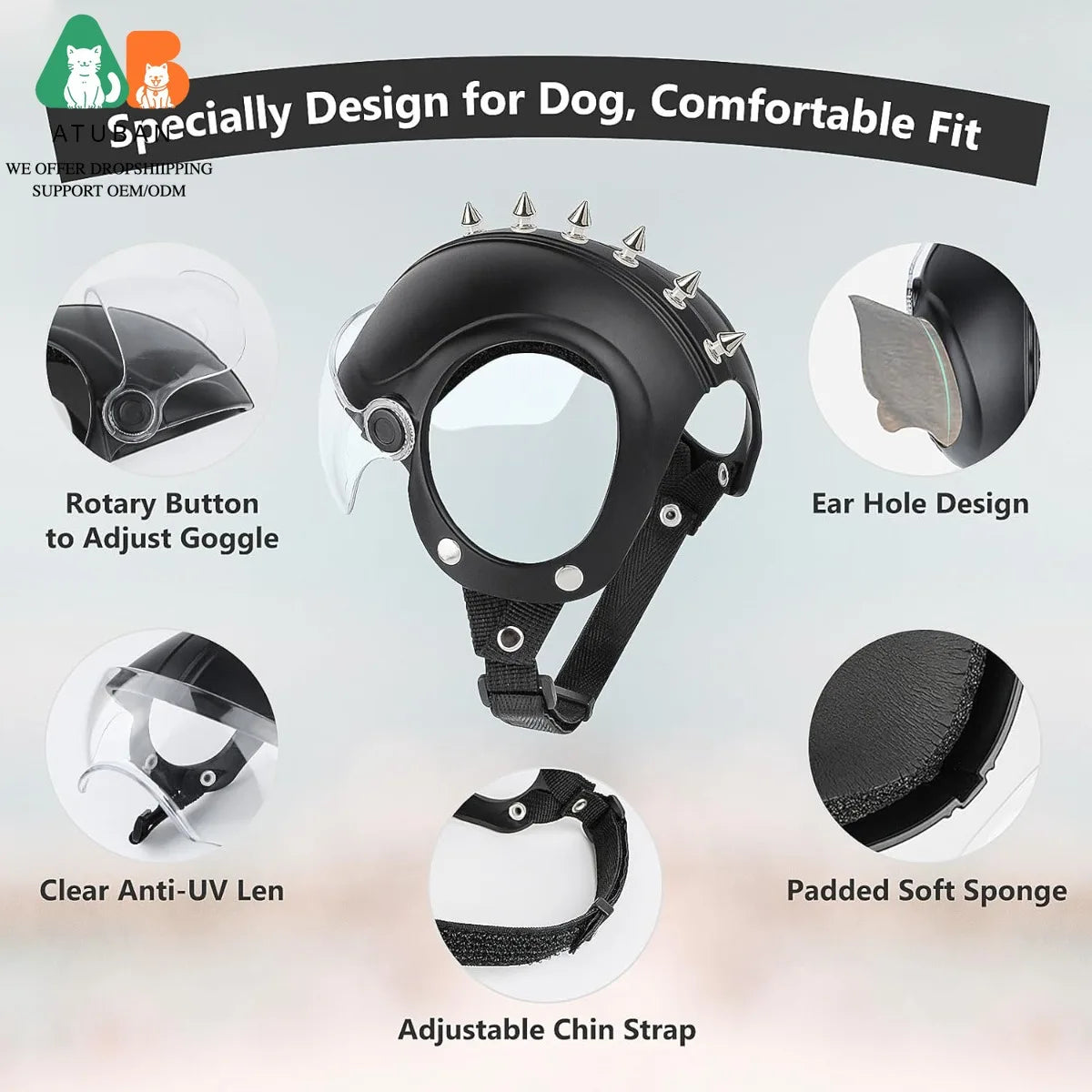 ATUBAN Dog Helmets for Small Dogs, Dog Helmet with Clear Lens Goggles, Doggie Helmets Hat with Ear Holes,Bike Doggie Helmet Dogs