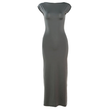Weird Puss Backless Sexy Women Maxi Dress Short Sleeve Slim Fit Elastic Casual Solid Streetwear Club Party Ladies Summer Bodycon