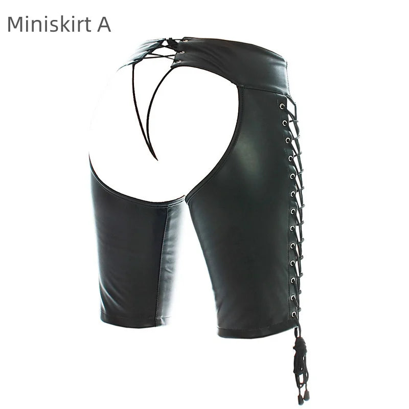 Sexy Leather Belted Shorts with Fetish Slave Bondage Hip Revealing Miniskirt for Women BDSM Role Play Night Club Costumes