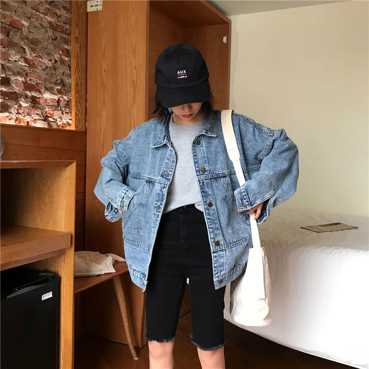 Denim Jacket Women's Spring Autumn New High Street Jeans Coat Oversize Loose Basic Jackets Simple Versatile Lapel Outerwear
