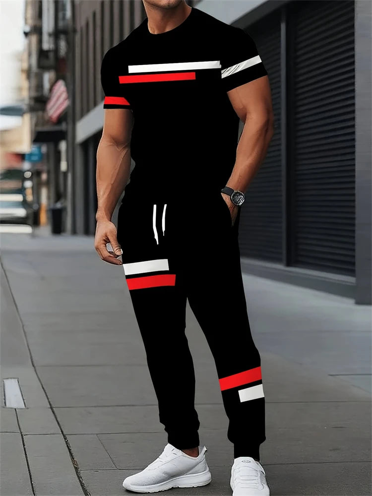 New Men's Letter Print Two-piece Set Outdoor Casual Round Neck Short Sleeve Drawstring Long Pants Plus Size Loose Fit Outfit