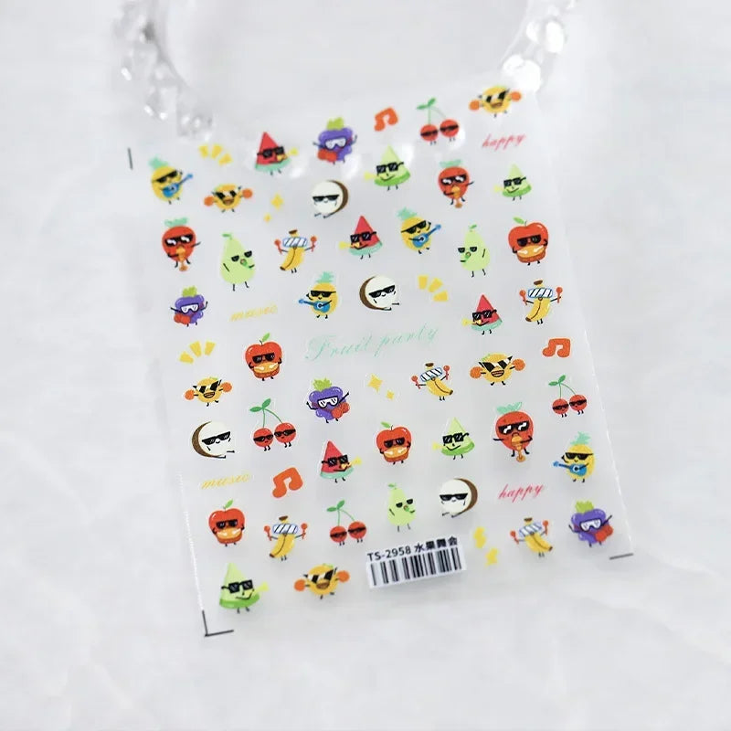 Lovely Red Fruit Strawberry Cherry Bowknot Love Heart Star Silk Ribbon 5D Nail Art Stickers Chic Self Adhesive Manicure Decal