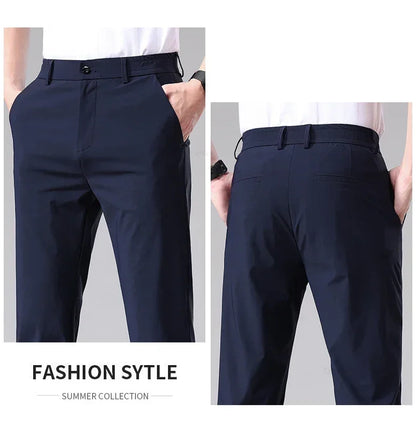 Ultra-thin Elastic Men's Casual Trousers Summer Quick-drying Ice Silk Slim Straight Business Solid Color Y2K Trousers Black Gray