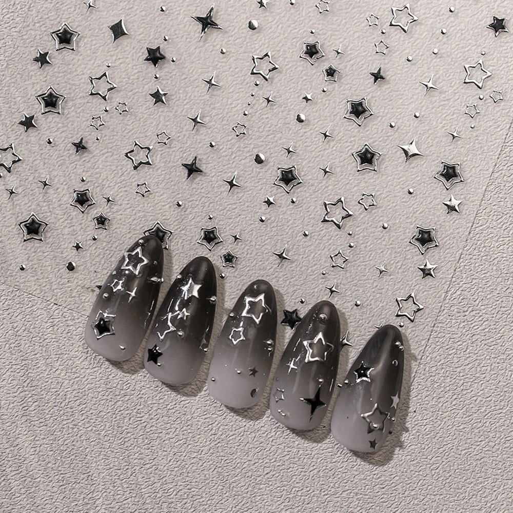 5D Luxury Star Nail Stickers for Nail Art Stars Black Silver Nail Decals Gilding Hollow Out Five-Pointed  Nail Art Design Slider