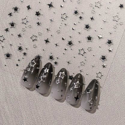 5D Luxury Star Nail Stickers for Nail Art Stars Black Silver Nail Decals Gilding Hollow Out Five-Pointed  Nail Art Design Slider