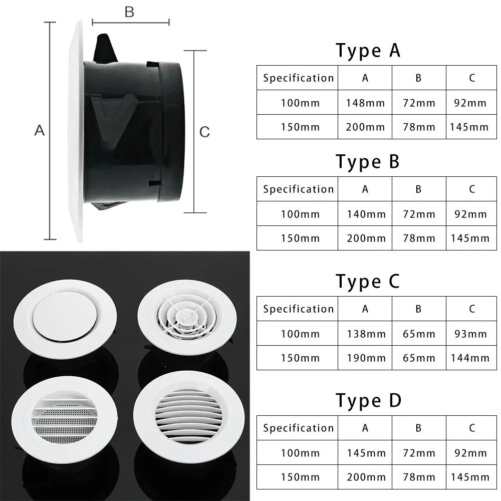 4 Types White Air Vent Extract Valve Grille Air Circulation Vents Cover 100/150mm Round Ducting Ventilation Cover Various Shapes