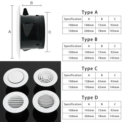 4 Types White Air Vent Extract Valve Grille Air Circulation Vents Cover 100/150mm Round Ducting Ventilation Cover Various Shapes