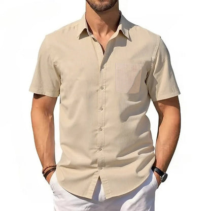 Men's Cotton Linen Shirt Summer Short Sleeve Button Up Hawaiian Lightweight Shirts Vacation Casual Lapel Collar Tops