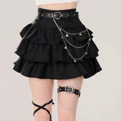 Belt Metal Chain Punk Mini Skirts for Women Summer High Waist Pleated Black Cake Skirt Woman Streetwear A Line Short Skirt Mujer