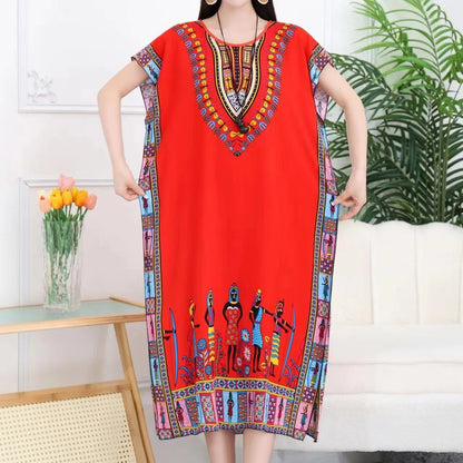 Casual Elegant Bohemian Printed Ethnic Style Retro Floral Woman Summer Street Wear Batwing Sleeve Loose Tunic Maternity Dress