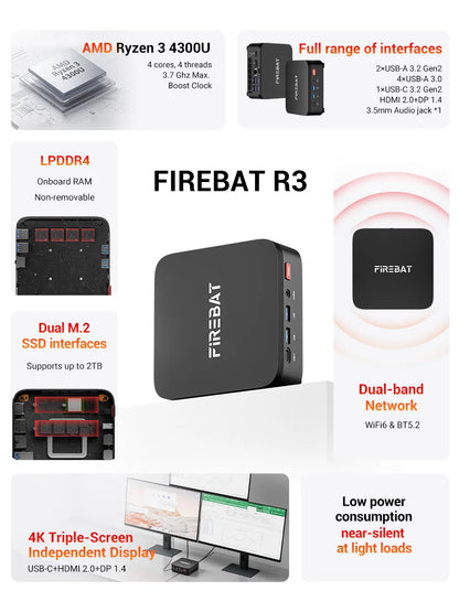 FIREBAT R3 Mini PC AMD Ryzen 3 4300U 8GB/16GB LPDDR4 RAM 256GB/512GB SSD M.2 SATA Windows11 Pro Desktop Computer WiFi6 BT5.2
