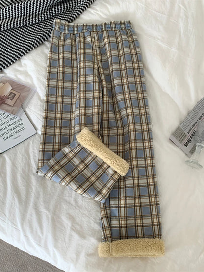 JMPRS Fashion Warm Plush Pants Thick Plaid Women Casual Loose Wide Leg Trousers Korean Streetwear Straight Student Pants New