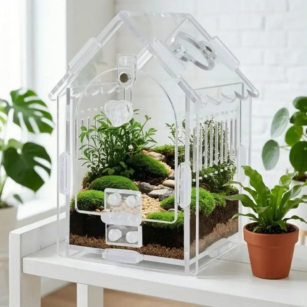 Portable Jumping Spider Enclosure Front Opening Removable Reptile Terrarium with Feeding Port Transparent