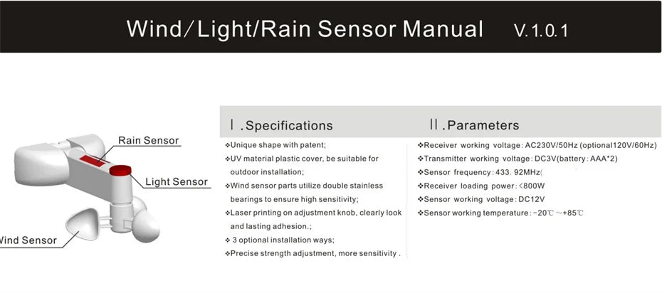 New Smart Wireless RF433 Wind Light Rain Sensor,only for Dooya RF433 Curtain Motor of Fixed Code,Open Close Window Automatically