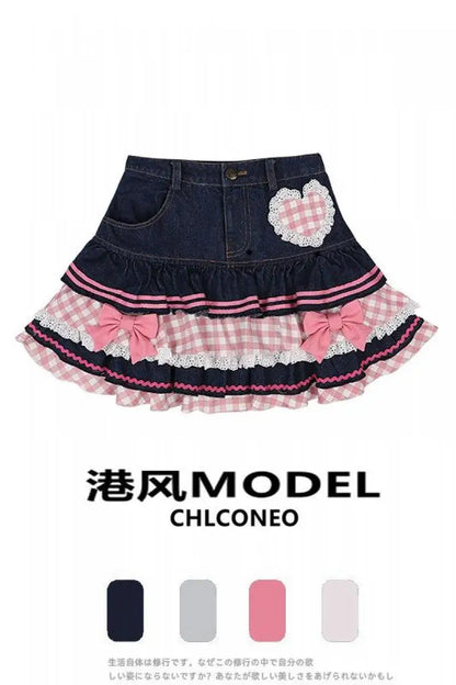 Kawaii Girls Lolita Skirts Japanese Women Harajuku Ball Gown Denim Skater Y2K High Waist Lace Cake Skirts Versatile Puffy Skirts