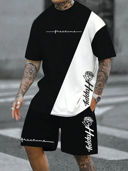 Summer Gradient Color Athletic T-Shirt and Shorts Set Stylish Men's Quick-Dry Athletic Short-Sleeve Top with Drawstring Shorts