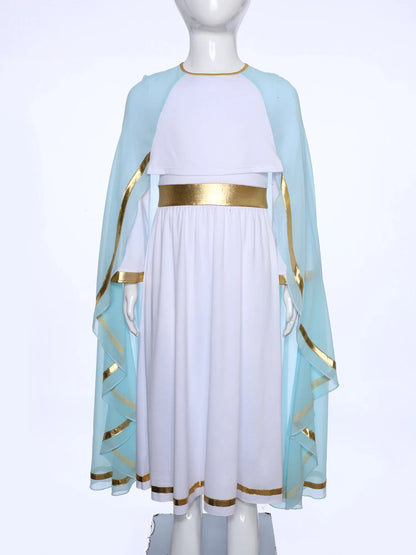 Halloween Virgin Mary Costume for Kids Girls Fancy Greek Princess Cosplay Long Sleeve Ruffle Dress with Chiffon Cape Theme Party