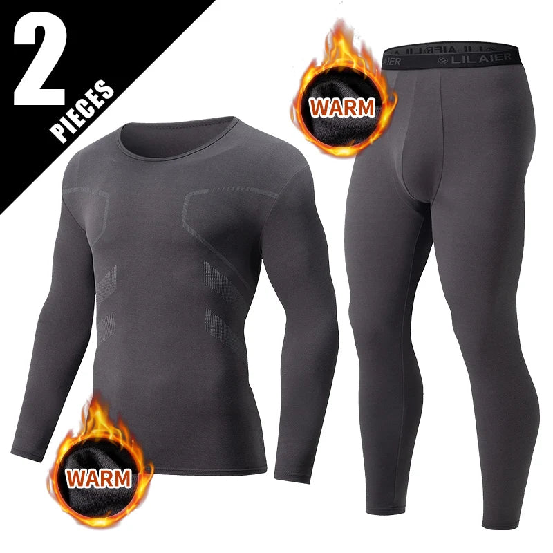2-piece Men's Autumn And Winter Solid Color Round Neck Fashionable Printed Sports Thermal Underwear Set Simple And Comfortable