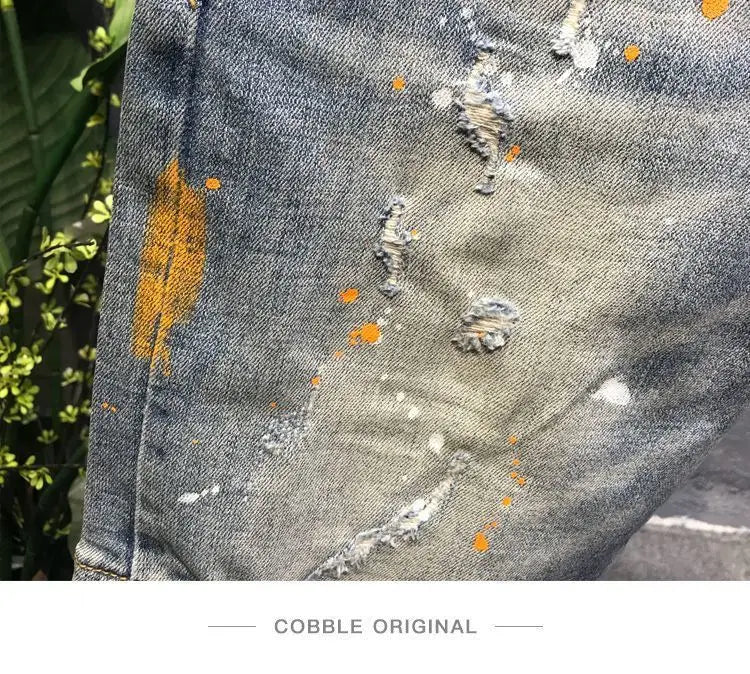 Summer Trendy Brand Handsome Denim Shorts Men's Washed Embroidered Patch Trendy Short Pants Ripped Slim-fit Elastic Middle Pants