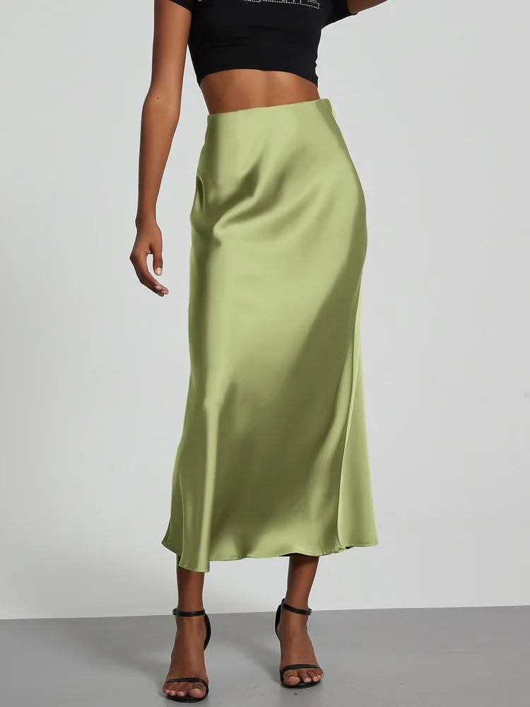 21 Colors New 2026 Women's Elegant High Waist Satin Long Skirts Female Summer Solid Color Faldas
