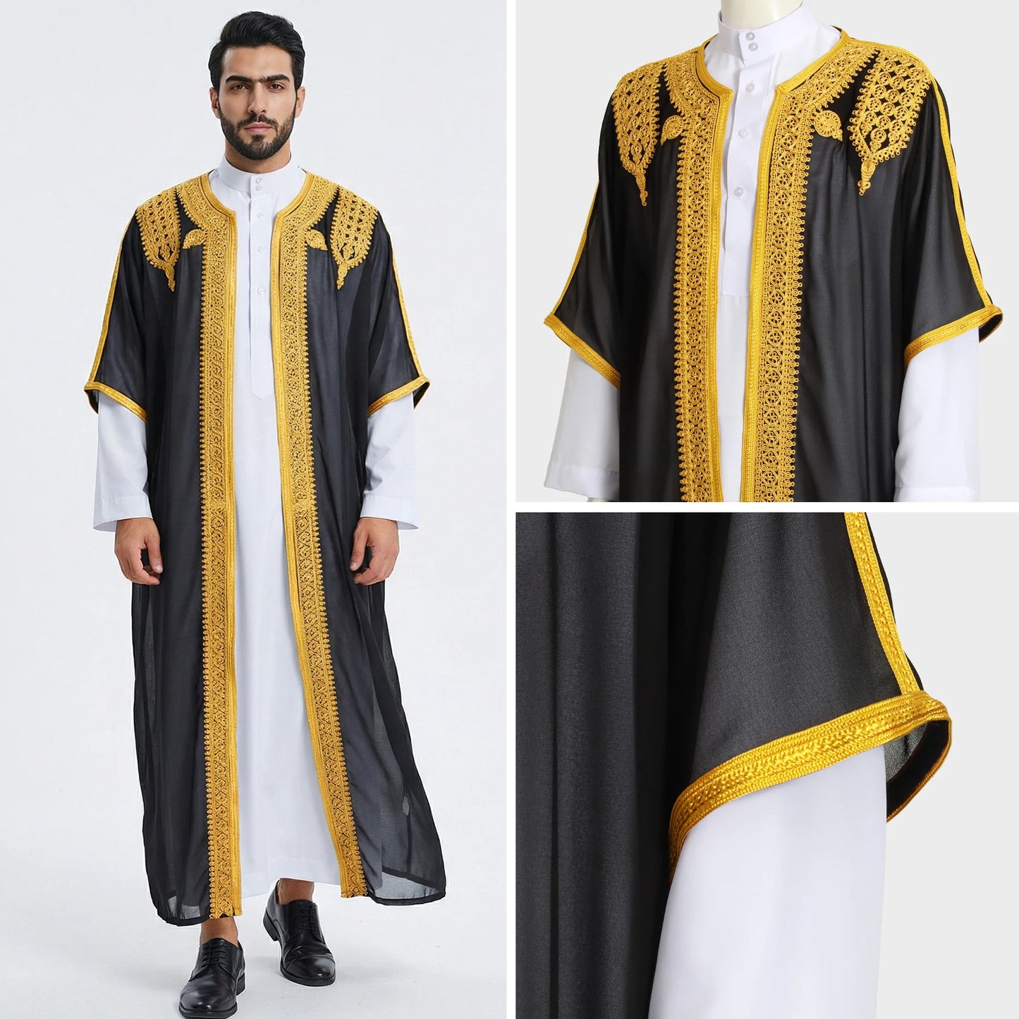 Eid Men Robe Jubba Thobe Open Abaya Dishdasha Islamic Embroidery Cardigan Abayas Dubai Male Muslim Prayer Kaftan Ramadan Morocco