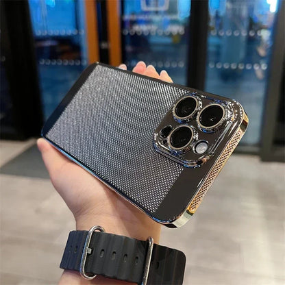 Luxury Plating Hollowed Out Case for iPhone 17 Pro 16 15 14 Pro Max Plus 13 12 Mini 11 17Air Heat Dissipation Shockproof Cover