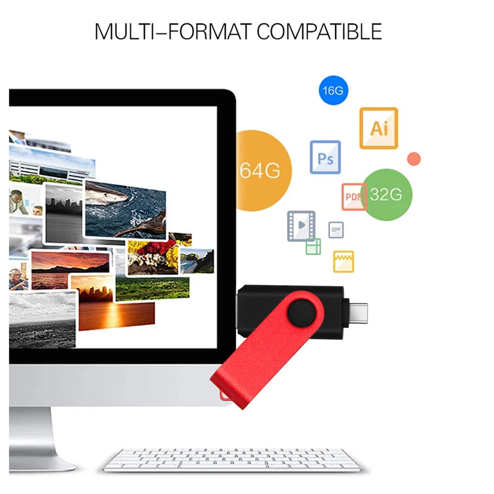 Rotable Usb Flash Drive 128GB 32GB 16GB Pen Drive 256GB Pendrive 64GB 4G OTG 2 IN 1 Memoria Usb Stick Type C Usb 2.0