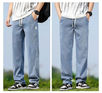 Men's Summer Soft Lyocell Fabric Jeans Thin Loose Straight Denim Pants Drawstring Elastic Waist Casual Trousers Plus Size M-5XL