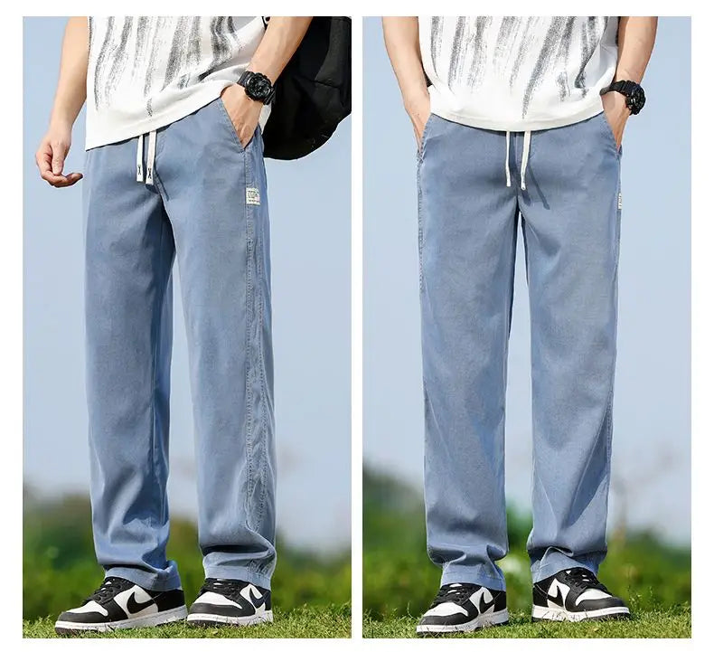 Men's Summer Soft Lyocell Fabric Jeans Thin Loose Straight Denim Pants Drawstring Elastic Waist Casual Trousers Plus Size M-5XL