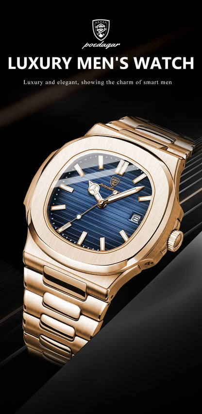 POEDAGAR Fashion Business Man Watch Waterproof Luminous Date Stainless Steel Men Quartz Watch Luxury Square Men's Watches Reloj