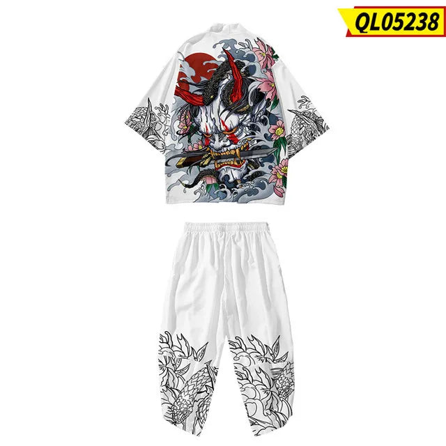 Large Size 5XL 6XL Japanese Kimono Cardigan Pants Set Print Fox Men Women Shirt Tradition Yukata Haori Obi Cosplay Costume