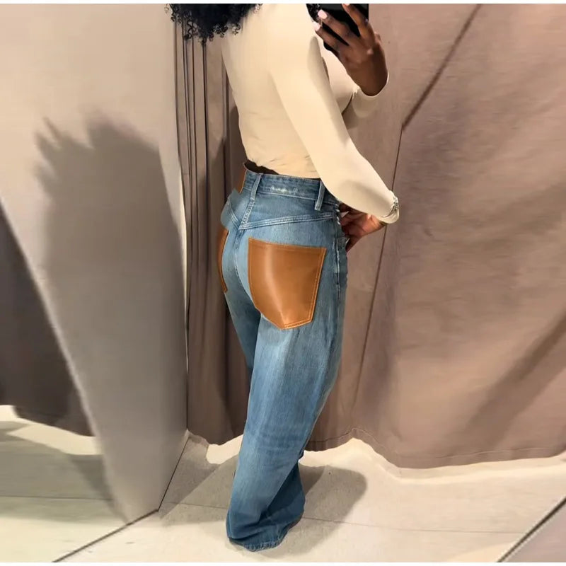 Female Vintage Leather Pocket Jeans Women Blue Zipper Straight Loose Trousers Lady New Fashion Daily Casual Spring Pants 2026