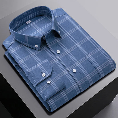 New In Shirt Oversize Long-Sleeve 100%Cotton Shirts for Men Slim Fit Formal Plain Shirt Plaid Casual Tops Designer Black Clothes
