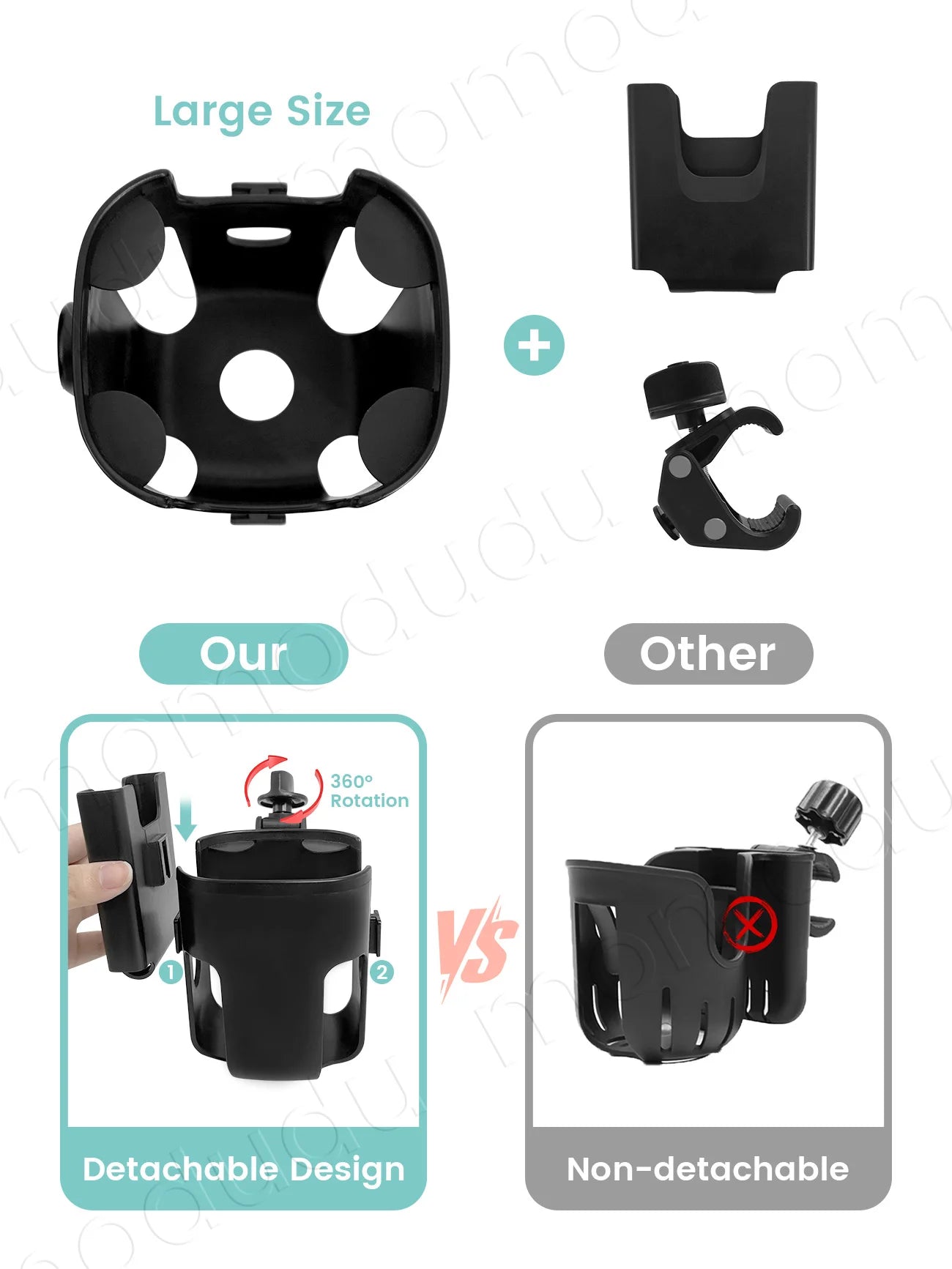 2-in-1 Large-Size Universal Stroller Cup Holder with Phone Holder - 360° Rotatable Adjustable Clamp, Detachable Stand