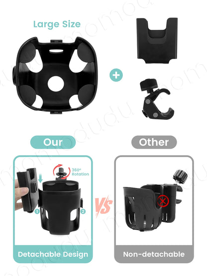 2-in-1 Large-Size Universal Stroller Cup Holder with Phone Holder - 360° Rotatable Adjustable Clamp, Detachable Stand