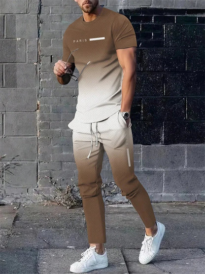 2025 Autumn Fashion Round-neck Short-sleeved Shirts And Casual Long Pants, Urban Street Loose And Casual Fashion Men's 2pcs Set