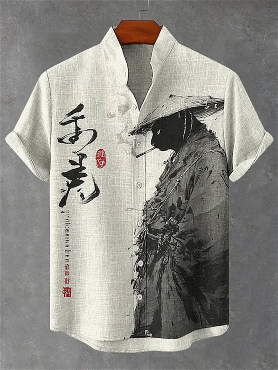 Men's short-sleeved shirt with cat and dinosaur print, casual and stylish vacation-style men's top, fashionable Hawaiian design.