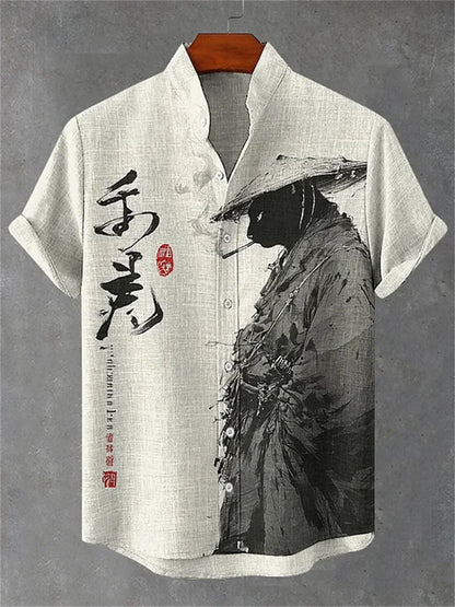 Men's short-sleeved shirt with cat and dinosaur print, casual and stylish vacation-style men's top, fashionable Hawaiian design.