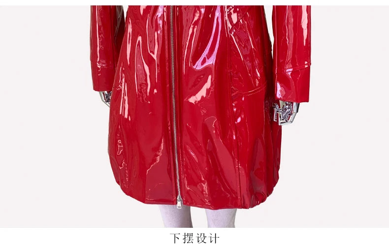 Nerazzurri Spring Fitted Waterproof Shiny Reflective Black Patent Faux Leather Jacket Women with Hood Zipper Red Autumn Clothes