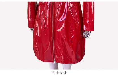 Nerazzurri Spring Fitted Waterproof Shiny Reflective Black Patent Faux Leather Jacket Women with Hood Zipper Red Autumn Clothes