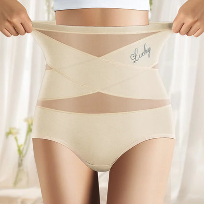Hot Sale High Waisted Women's Panties Breathable Mesh Cross Tummy Cinching No Trace Triangle Panties Tummy Tuck Shaper