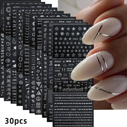 30 Sheets Christmas Nail Art Stickers Self Adhesive 3D White Snowflake Nail Decals Xmas Nail Supplies Christmas Manicure Sliders