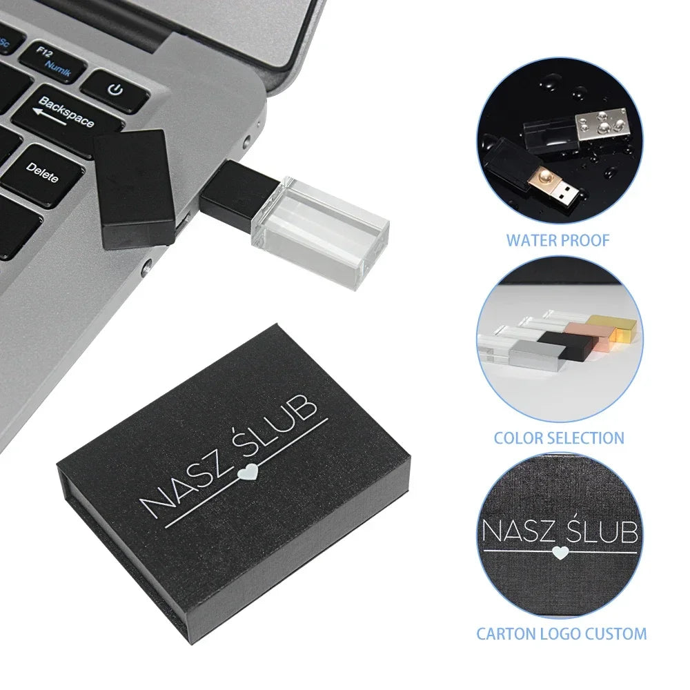 JASTER Crystal Wedding Gifts USB Flash Drives 128GB 3D Laser Engraving Custom Logo Pen Drive 64GB Photography Gift Memory Stick