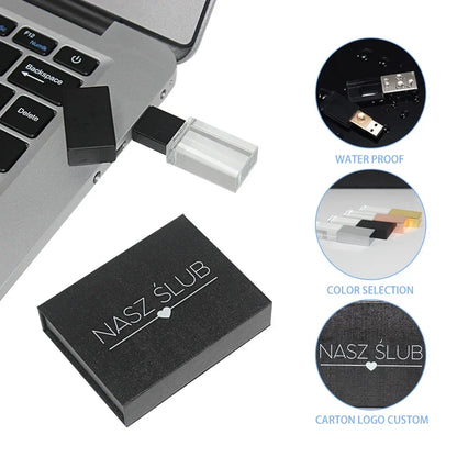 JASTER Crystal Wedding Gifts USB Flash Drives 128GB 3D Laser Engraving Custom Logo Pen Drive 64GB Photography Gift Memory Stick