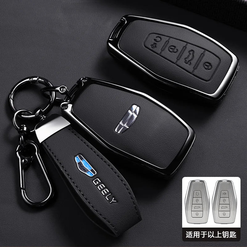 Car Zinc Alloy Leather Key Case Cover Holder Chain For Geely Okavango Coolray Atlas Monjaro Tugella Emgrand GT S Proton X50 X70