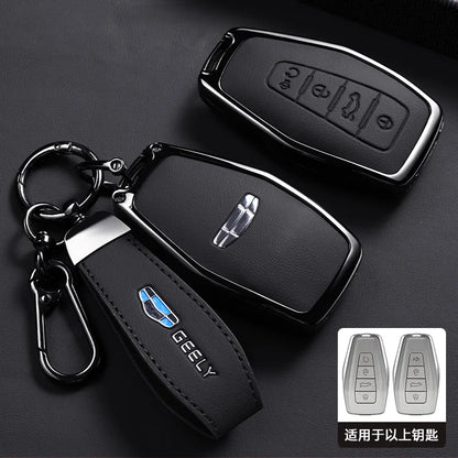 Car Zinc Alloy Leather Key Case Cover Holder Chain For Geely Okavango Coolray Atlas Monjaro Tugella Emgrand GT S Proton X50 X70