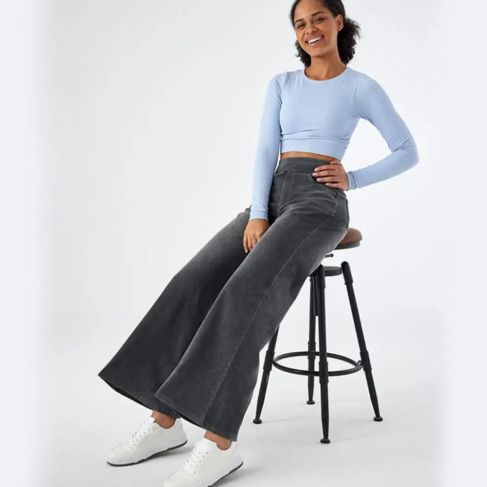 Women Jeans With Pockets Elastic High Waist Solid Color Full Length Pants Straight Wide Leg Trousers Sweatpant Daily Commuting