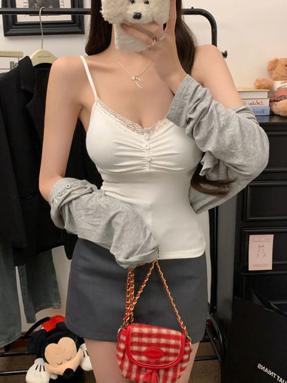 Pure Desire Sexy Lace Splice Strap Vest Women's Inner Wear Slimming Matching Top Trendy Tube Top Cotton Blend Elastic Fiber