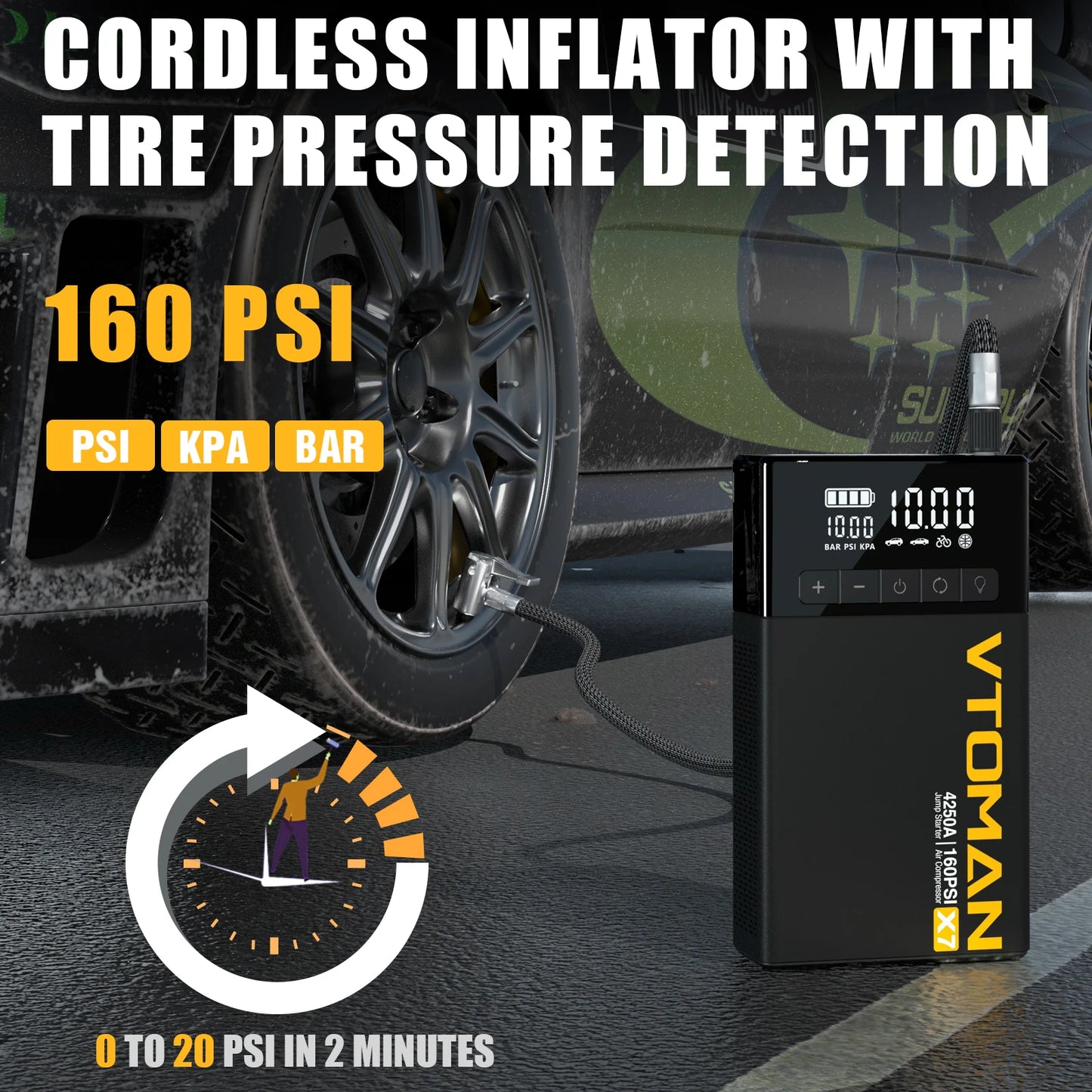 VTOMAN X7 4-in-1 Car Jump Starter 4250A - 160 PSI Air Compressor, 12V Car Battery Booster & Portable Power Bank